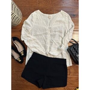 SEZANE Ivory Silk Blouse 100% Real Silk Cream V-Neck Covered Buttons Top FR 38